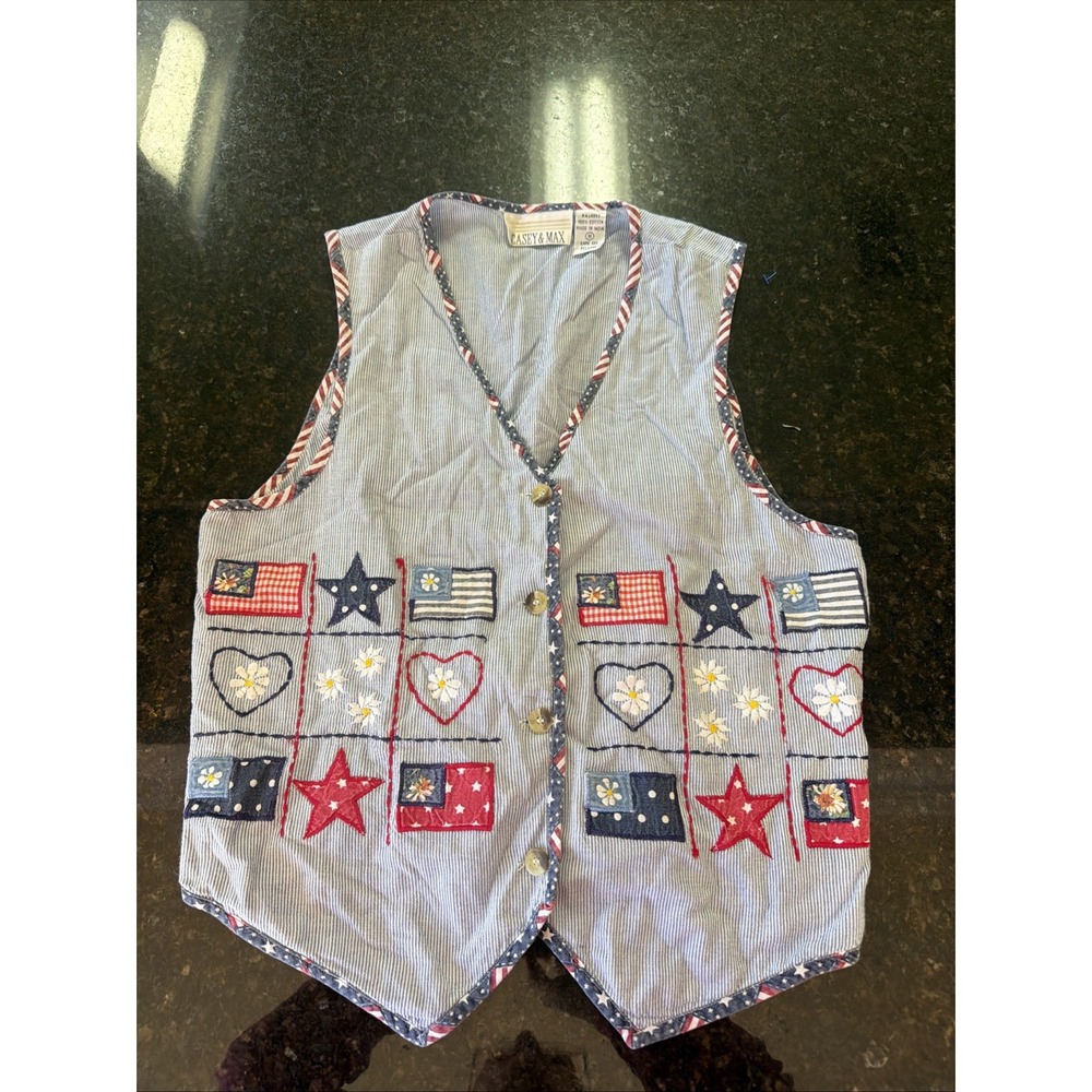 Vintage Casey And Max Patriotic Vest Teacher Embroidered Heart Flags Daisies M